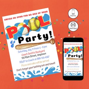 End Of Season Softball Team Pool Party Invite | BBQ Celebration Invitation | Instant Download | End Of School | Swing On Over | Editable
