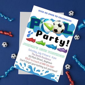 Soccer Ball Pool Birthday Party Invitation Template, Editable, Boy Sports Summer Birthday Invite, Instant Download, Futbol Swimming Boy Girl