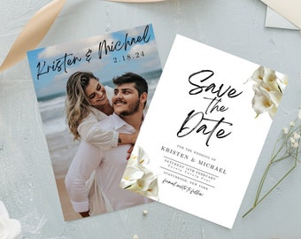 Save the Date Photo and Floral, Calla Lily Wedding Announcement Card, Instant Download, Botanical Editable Template, Modern Minimalist