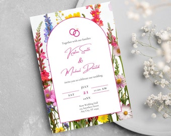 Wildblumen Hochzeitseinladung Floral Vorlage, Boho Blumenzeremonie Empfang einladen, bearbeiten druckbare, sofortiger Download, moderne minimalistische