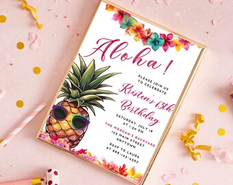Hawaiian Aloha Birthday Party Invitation Template, Tropical Luau Bday Invite, Instant Download, Bright Floral Pineapple Celebration Surprise