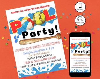 Softball Pool Birthday Party Invitation, Editable, Sports Pool Party Invite, Girls Sports Summer Birthday Invite, Instant Download, Swing