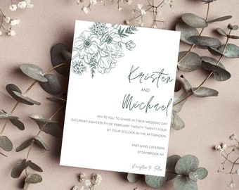 May include: A white wedding invitation with a floral illustration in the top corner. The invitation reads "Kristen and Michael invite you to share in their wedding day Saturday eighteenth of February twenty twenty four at four o'clock in the afternoon Eastwind Caterers Stonybrook NY"