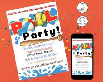Puede incluir: Una invitación digital e imprimible para una fiesta en la piscina con temática de béisbol. La invitación presenta un diseño de olas de piscina azul y blanco con una pelota de béisbol, una pelota de playa y un bate de béisbol. El texto de la invitación dice "Swing on over for an end of year Pool Party!" e incluye la fecha, la hora, la ubicación y la información de RSVP.
