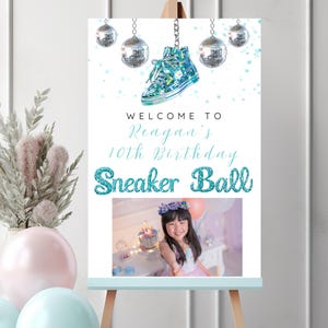 Sneaker Ball Birthday Party Welcome Sign Template Teal, Instant Download, Sweet 16, Kicks Celebration Bash Poster, Tween Teen Invite Glitter
