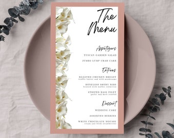 Modello di menu di nozze floreale, ricevimento di festa floreale minimale moderno di calla bianca, download istantaneo, modificabile, cancelleria per eventi botanici