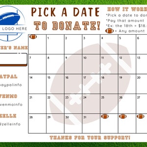 Piłka nożna Sport Kalendarz Zbiórka Funduszy, Drukowana Ulotka Zespołu, Edytowalny Szablon, Pobieranie Cyfrowe, Piłka Nożna Wybierz Datę, Aby Przekazać Fundusze