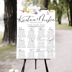 Modelo de gráfico de assentos para casamento de flores silvestres, plano de assentos para recepção floral, placa de flores silvestres Boho, papelaria para eventos botânicos, download instantâneo