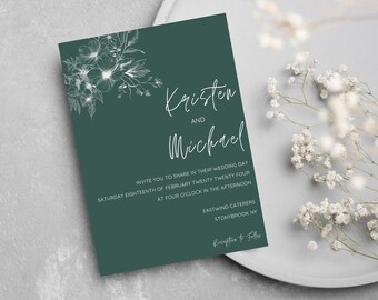Sage Green White Floral Wedding Invitation Template, Jade Ceremony Reception Invite, Instant Download, Boho Botanical Events, Minimal Modern
