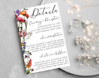 Floral Wildflower Wedding Details Card Template, Invitation Insert, Boho Botanical Modern, Event Stationery, Instant Download, Accommodation