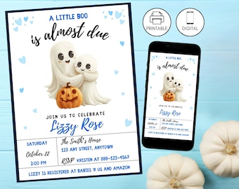 A Little Boo Is Almost Due Blue Boy Baby Shower Invitation Template, Halloween Ghost Pumpkin Invite, Instant Download, Editable Printable