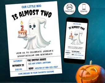 Our Little Boo Is Turning Two Invitation Template, Halloween Ghost Pumpkin 2nd Birthday Blue Invite, Second Bday, Instant Download, Edit Boy