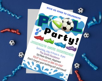 Soccer Ball Pool Birthday Party Invitation Template, Editable, Boy Sports Summer Birthday Invite, Instant Download, Futbol Swimming Boy Girl