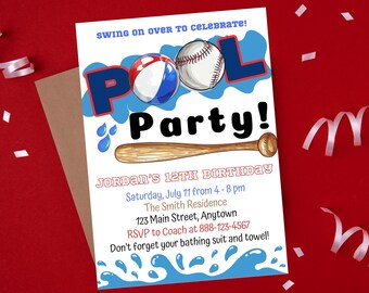 Baseball Pool Birthday Party Invitation | Editable | Sports Pool Party Invite | Boy Sports Summer Birthday Invite | Instant Download | Swing