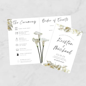 Modelo de programa de casamento floral com lírio de Calla, ordem da cerimônia, download instantâneo, evento botânico dobrável minimalista, moderno branco simples