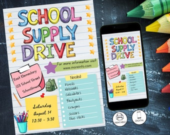 Mall för flygblad för skolmaterialdonationer, affisch för skolmaterialinsamling, färgglad redigerbar skylt, tillbaka till skolan, direktnedladdning,