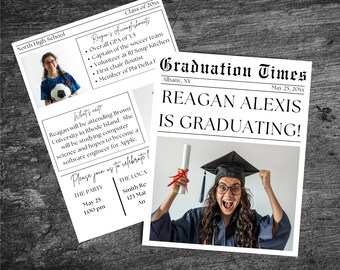 Graduation Newsletter College High School, Newspaper Announcement, Celebration Invitation, Grad Party Photo Flyer Invite, Instant Download,