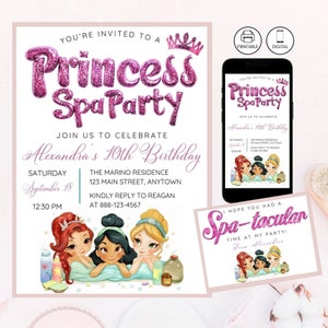 Princess Spa Party Birthday Invitation Template, Pamper Girls Edit Invite, Instant Download, Pink Sparkle Glitter Crown, Thank You Favor Tag