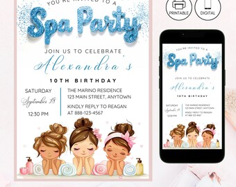 May include: A blue and white spa party invitation with glitter accents. The invitation features a cartoon illustration of three girls with towels and spa products. The text reads "You're invited to a Spa Party. Join us to celebrate Alexandra's 10th Birthday. Saturday, September 18, 12:30 PM. The Marino Residence, 123 Main Street, Anytown. Kindly reply to Reagan at 888-123-4567."