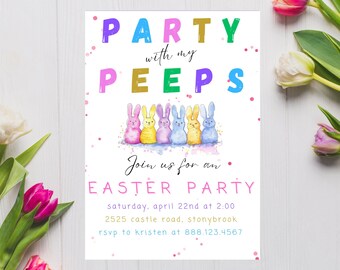 Easter Egg Hunt Party Invitation Template, Instant Download, Party With My Peeps, Digital Download, Easter Birthday, Pastel Bunnies, Kids