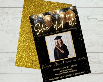 Graduation Photo Party Invitation | Black & Gold Grad Invite | She Did It | Instant Download | High School College | Girl | Woman | Editable