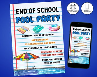 Puede incluir: Una invitación imprimible para una fiesta de piscina de fin de curso. La invitación está sobre un fondo de papel rayado azul y blanco con una piscina de dibujos animados, una sombrilla de playa y flotadores de piscina. El texto de la invitación dice "Fin de curso Fiesta de piscina" e incluye la fecha, la hora, el lugar y la información de RSVP.