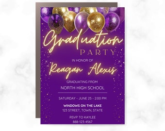 May include: Purple graduation party invitation with gold glitter balloons and confetti. The invitation reads "Graduation Party" in honor of Reagan Alexis, graduating from North High School. The party is on Saturday, June 25th at 2:00 PM at Windows on the Lake, 123 Street, Town, State. RSVP to Kaylee at 888-123-4567.