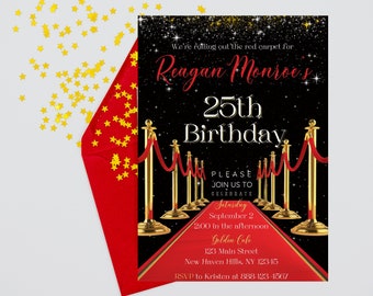 Red Carpet Invite | Hollywood Theme Party | Birthday Invitation | Red Black Gold | Instant Download | Editable | Special Event | VIP