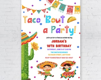 Puede incluir: Una invitación colorida para una fiesta de cumpleaños número 10 con temática mexicana. La invitación presenta un cactus, un sombrero y un taco. El texto de la invitación dice "Taco 'Bout a Party!" e incluye detalles sobre la fiesta, como la fecha, la hora y el lugar.