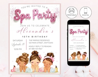 May include: Pink and white printable invitation for a spa party to celebrate Alexandra's 10th birthday. The invitation features a pink glitter spa party text, three cartoon girls getting a spa treatment, and the text "Join us to celebrate Alexandra's 10th Birthday".