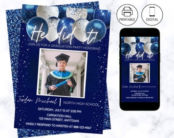 Graduation Photo Party Invitation | Blue & White Grad Invite | He Did It | Instant Download | High School College | Man | Guys | Editable