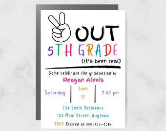 Elementary School Graduation Invitation | Peace Out | Editable Party Invite | 5th Grade Grad | Instant Download | End of Year | Girl