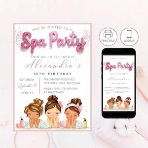 Spa Birthday Party Girl Invitation, Pamper Party Editable Invite, Instant Download, Pink Glitter Sparkle Minimalist, Printable