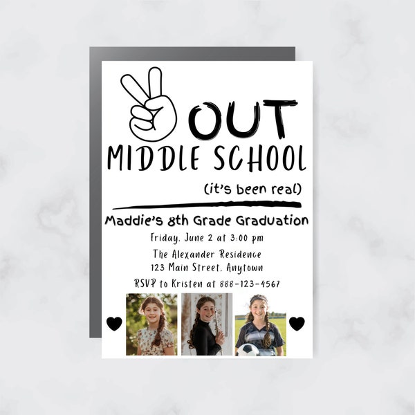 Middle School Graduation Invitation | Peace Out | Editable  Party Invite | 8th Grade Grad | Instant Download | End of Year | Photo
