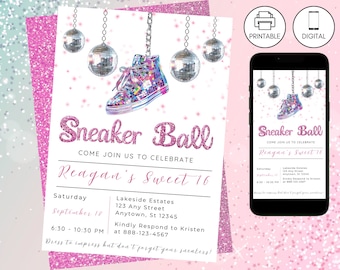 Sneaker Ball Birthday Party Invitation Pink, Instant Download, Sweet 16, Editable Kicks Celebration Gala Bash, Tween Teen Invite Glitter