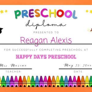 Vorschul-Abschlussdiplomzertifikat, bearbeitbare Lehrerressourcen, Pre-K Grad Rainbow druckbar, Sofort-Download, personalisierter letzter Tag