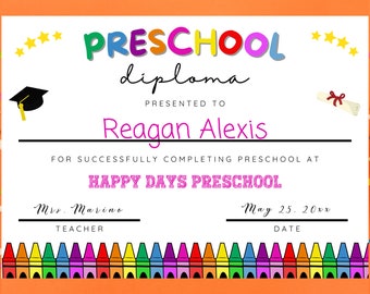 Preschool Graduation Diploma Certificate, Editable Teacher Resources, Pre-K Grad Rainbow Printable, Instand Download, Personalized Last Day