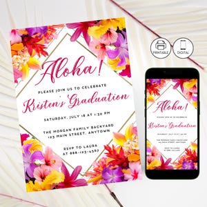 Aloha Hawaiian Floral Graduation Party Invitation Template, Tropical Luau Grad Invite, Instant Download, Bright Pink Purple Yellow, Modern