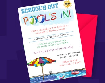 Puede incluir: Una invitación colorida para una fiesta en la piscina. La invitación dice "School's Out Pools In!" e incluye un sol de dibujos animados con gafas de sol. La invitación es para el sábado 28 de junio a las 17:00 en The Miller's Backyard, 125 Main Street, Anytown. El RSVP es para Kristen al 885-123-4567. La invitación también dice "We will be having pizza and cake. Parents are welcome to stay!"