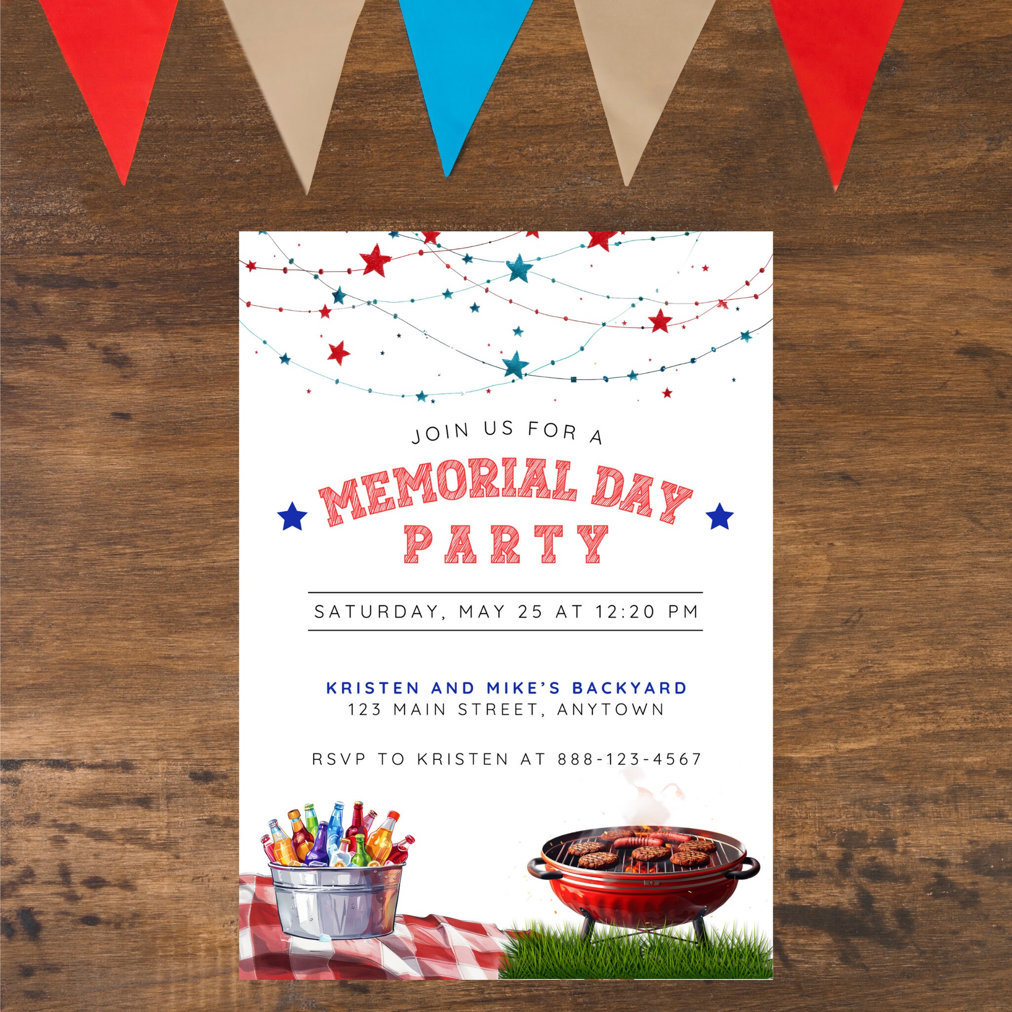 Memorial Day BBQ Party Invitation, Patriotic Red White & Blue Memorial ...