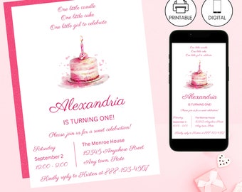 One Little Candle One Little Cake Girl First Birthday Party Invitation Template, Pink White 1st Bday Invite, Instant Download, Minimalist