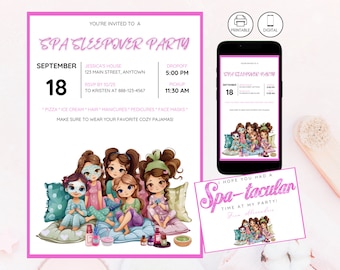 Spa Sleepover Pajama Party Invitation Template, Spa Day Invite, Instant Download, Tween Teen Girls Slumber Party Birthday, Canva Editable