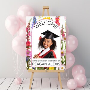 Wildflower Graduation Party Photo Welcome Sign Template, Printable Floral Decor, Grad Celebration Poster, Instant Download, Custom Board