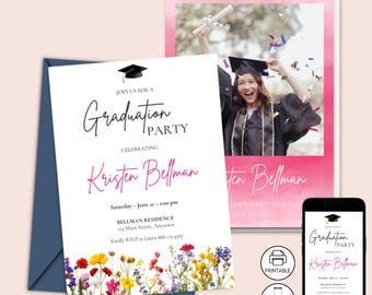 Wildflower Graduation Party Photo Invitation Template, Boho Floral Grad Celebration Invite, Modern  Announcement, Instant Download, Editable
