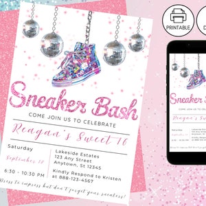 Sneaker Ball Bash Birthday Party Invitation Pink, Instant Download, Sweet 16, Editable Kicks Celebration Gala, Tween Teen Invite Glitter