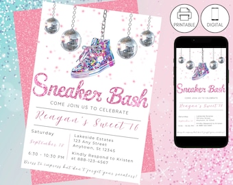 Sneaker Ball Bash Birthday Party Invitation Pink, Instant Download, Sweet 16, Editable Kicks Celebration Gala, Tween Teen Invite Glitter