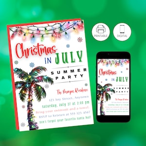 Christmas in July Pool Party Invitation Template, Fun Summer Celebration Event, Palm Tree Christmas Lights, Instant Download, Green Red