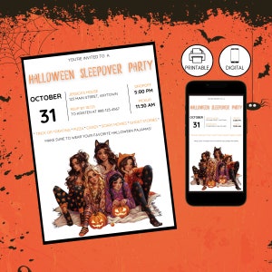 May include: Halloween sleepover party invitation with a group of girls in pajamas and pumpkins. The invitation includes the date, time, and location of the party. It also includes a list of activities, such as trick or treating, pizza, candy, scary movies, and ghost stories. The invitation says to wear your favorite Halloween pajamas.