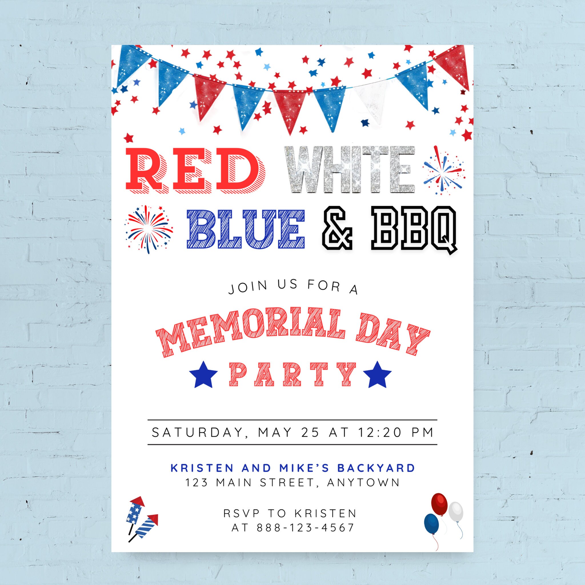 Memorial Day BBQ Party Invitation Template, Patriotic Red White Blue ...