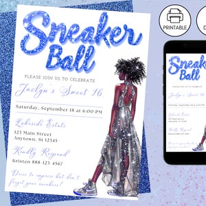 Sneaker Ball Birthday Party Invitation Blue Template, Instant Download, Kicks Celebration Gala Bash, Sweet 16, Tween Teen Invite Glitter 2